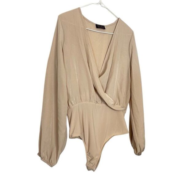 HMS Hot Miami Styles Plunge Surplice Long Sleeve Chiffon Bodysuit Nude Large - Picture 2 of 5